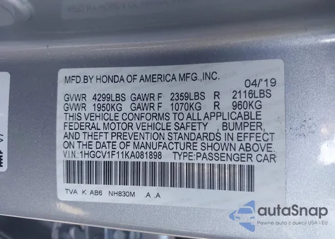 2019 Honda Accord Lx z USA, uszkodzony, nr VIN 1HGCV1F11KA081898
